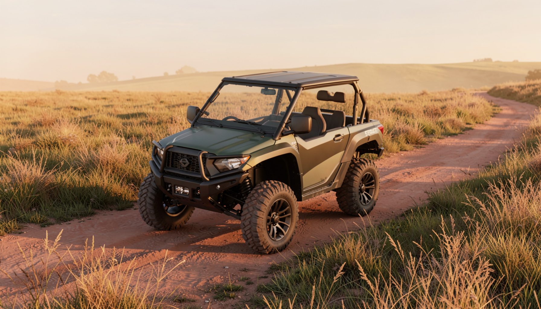 A rugged four-wheel ATV parked on a dirt trail at golden hour, surrounded by dry grass and open countryside, warm amber and olive tones